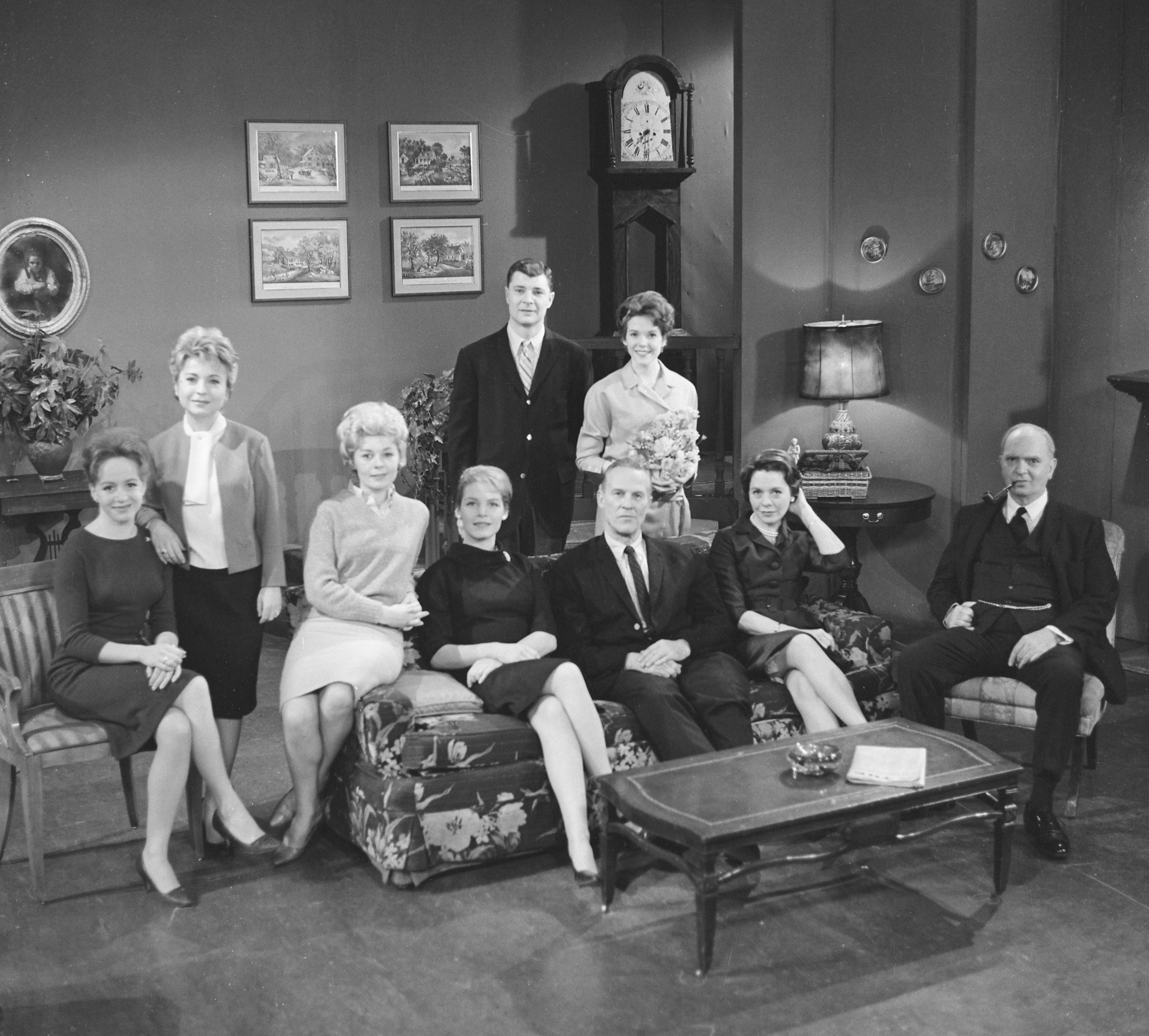 Still of Joan Anderson, Patricia Bruder, Eileen Fulton, Don Hastings, Don MacLaughlin, Santos Ortega, Rosemary Prinz, Helen Wagner and Alex Charak in As the World Turns (1956)