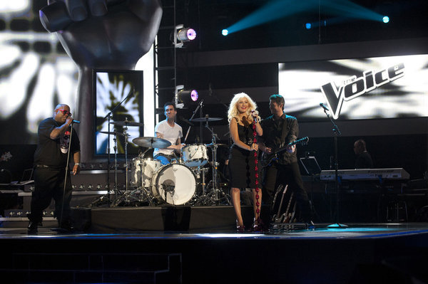 Still of Christina Aguilera, CeeLo Green, Blake Shelton and Adam Levine in The Voice (2011)