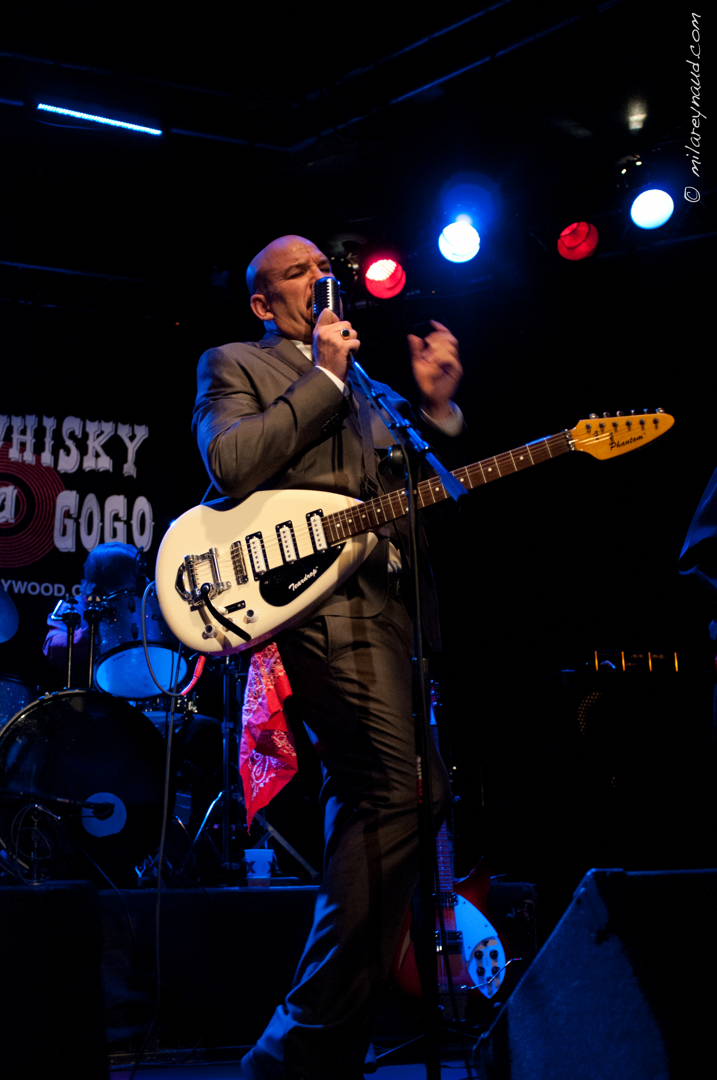 Sammy Busby and his Phantom Teardrop guitar with Dixie's Deceivers at The Whisky a Go Go in Hollywood, California.