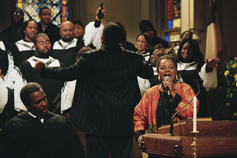 (Left) Wendell Pierce as Reverend Lewis (center with back toward camera) Cuba Gooding, Jr. as Darrin Hill and (right) Reverend Shirley Caesar as herself.