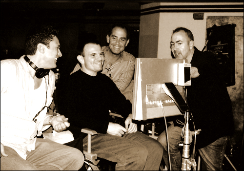 Chris Caldovino, Bobby Canzoneri, Michael Corrente, and Terence Winter on the set of 