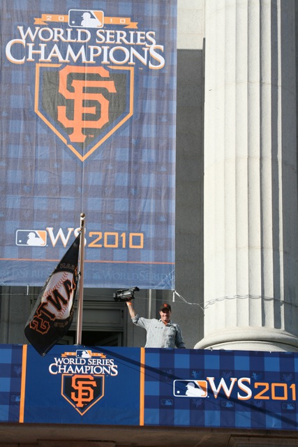 Geoff Callan filming at the SF Giants World Series Parade