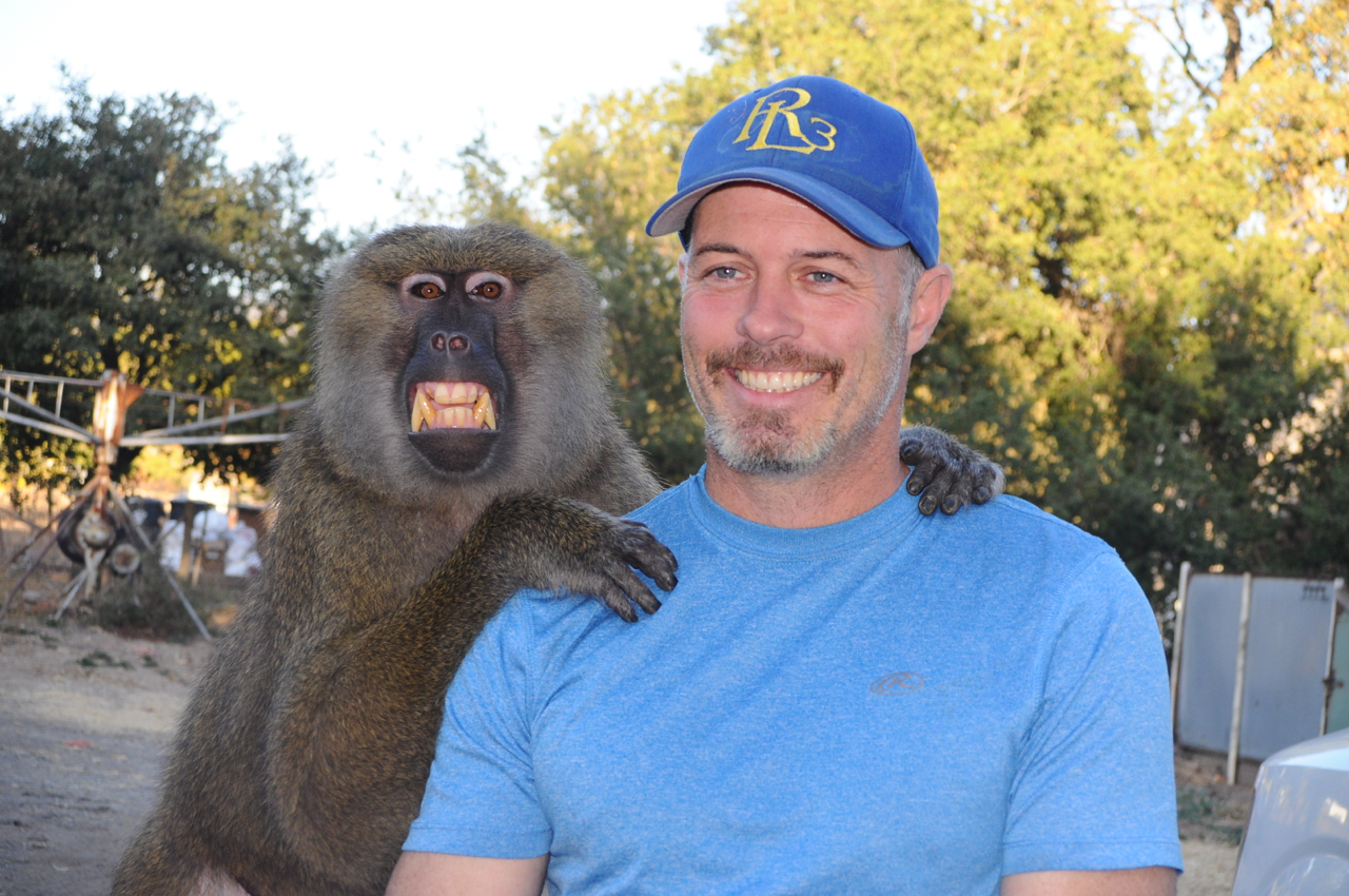Geoff Callan on the set of HEY MICKEY... with Mickey the Baboon... or 