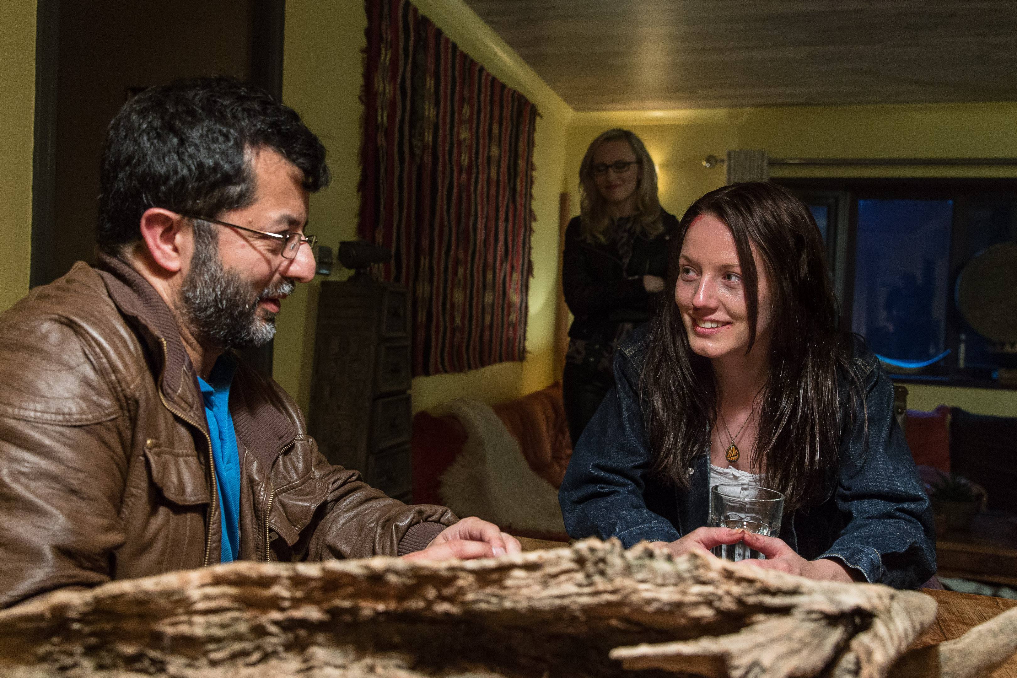 Still of Mhairi Calvey as 'Crystal' talking with director Ilyas Kaduji on the set of 'Abduct' (2014)
