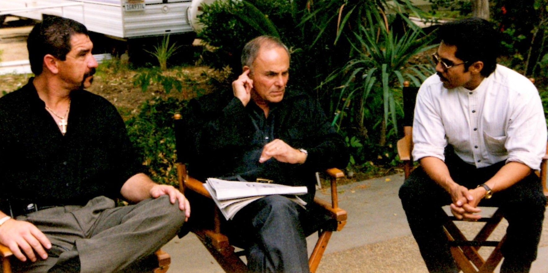 Art Camacho discussing scenes with John Saxon and Manuel Sanchez on set of Final Payback