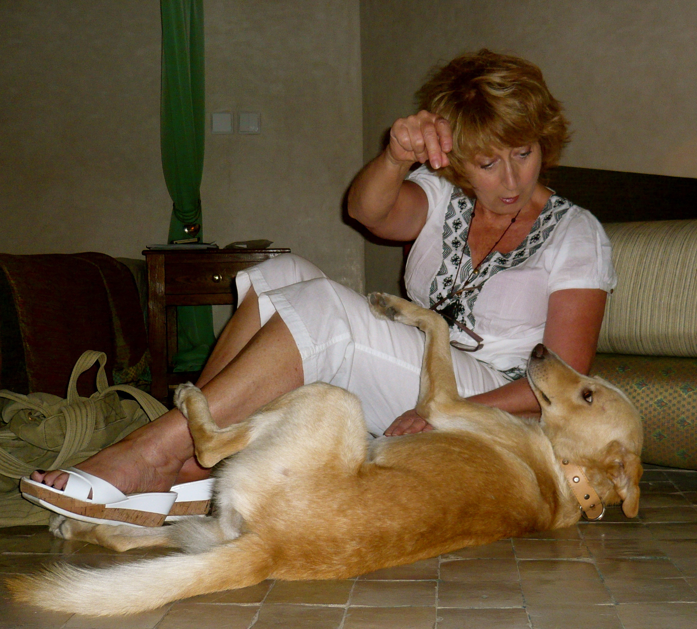 Jo with her adopted Moroccan studio stray, Togo, Lord of the Atlas! Coaching Togo to 'roll-over' in many dialects!