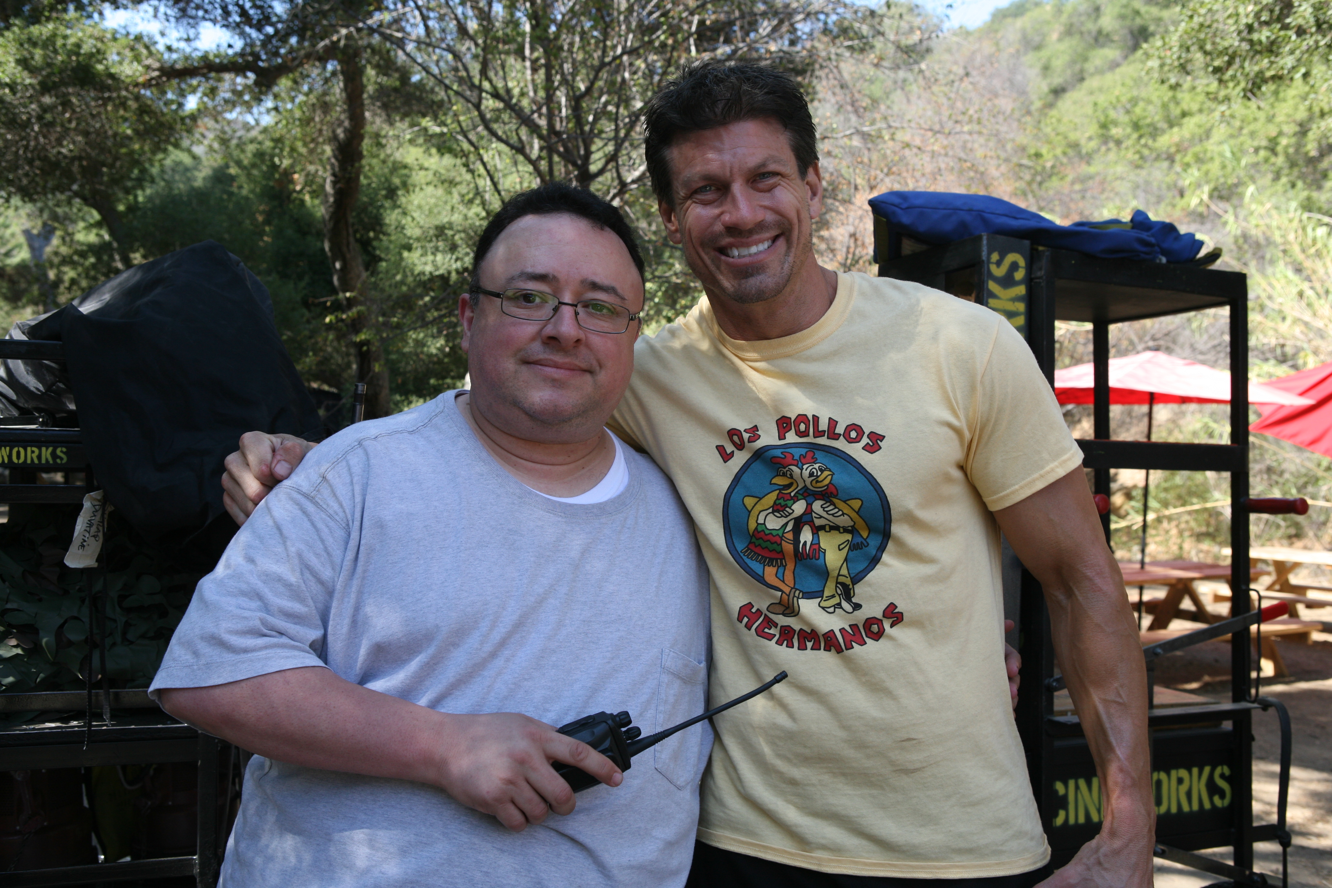 Gabriel Campisi with Paul Logan on the set of The Horde.