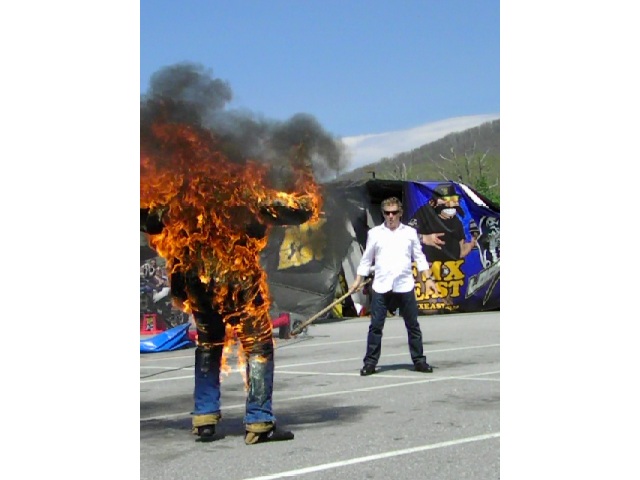 John Cann being lit on fire by lengendary stuntman Buddy Joe Hooker at Action Fest 2011 Stunt Show in Asheville NC
