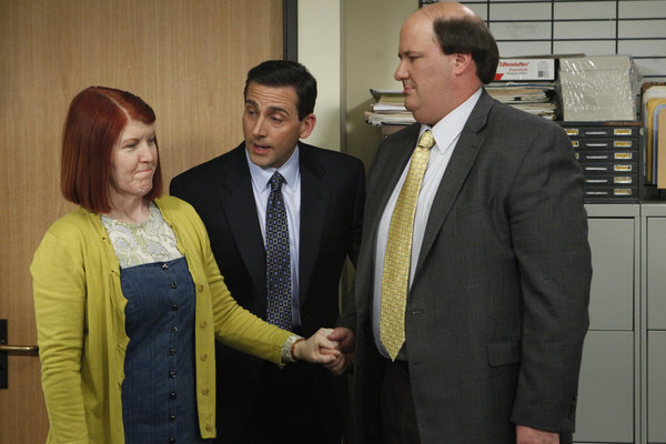 Still of Steve Carell, Kate Flannery and Brian Baumgartner in The Office (2005)