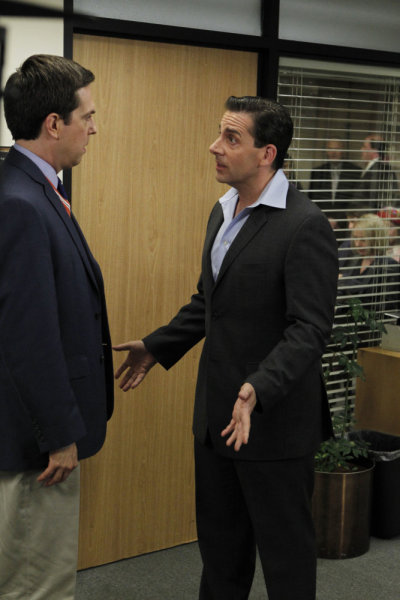 Still of Steve Carell and Ed Helms in The Office (2005)