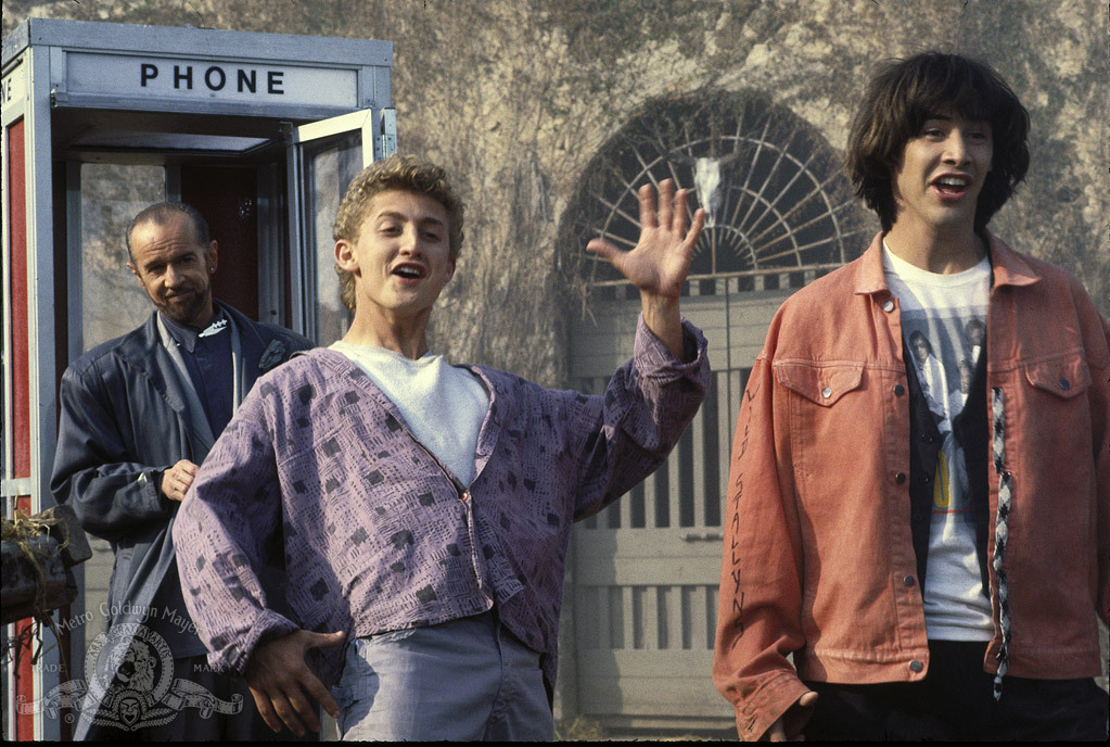 Still of Keanu Reeves, George Carlin and Alex Winter in Bill & Ted's Excellent Adventure (1989)