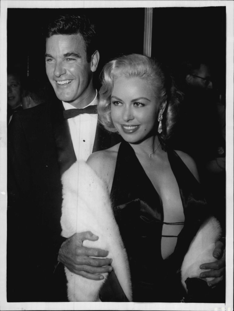 JEANNE CARMEN & JAMES BEST attend Hollywood Red Carpet premiere. Note: JAMES BEST later gained fame as SHERIFF ROSCOE P. COLTRANE on the DUKES OF HAZZARD