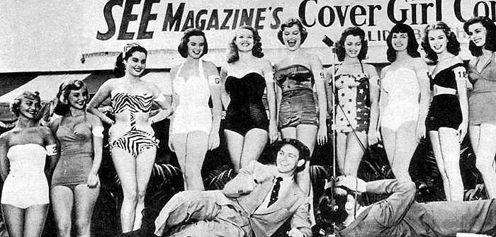 Pin Up Icons JEANNE CARMEN (3rd from left with a striped bikini) & BETTIE PAGE (3rd from right with a white one-piece swimsuit) are finalists in a NYC beauty contest for SEE Magazine's Cover Girl contest. Pictured on the ground taking photo's are L