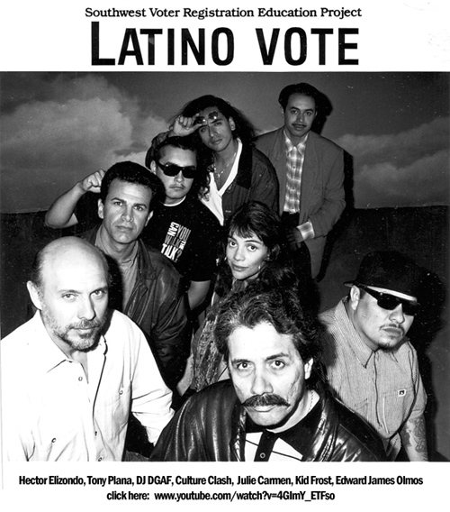 Julie Carmen with Edward James Olmos, Hector Elizondo, Culture Clash, Tony Plana and Kid Frost