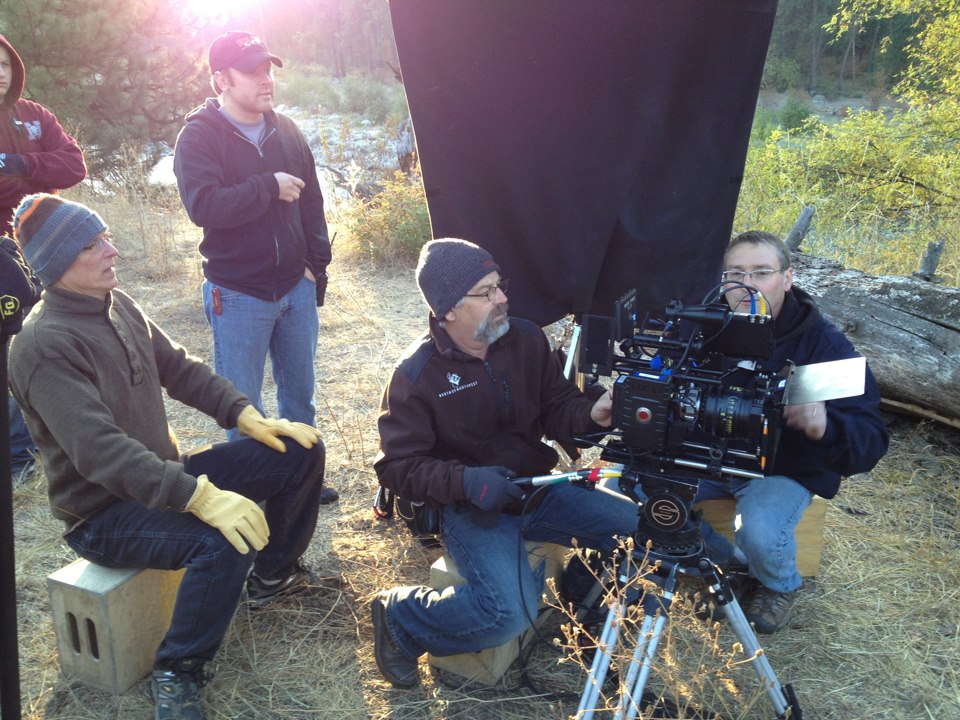 Early morning at the River Log - Different Drummers - co-director Don Caron, First AD Adam Boyd, Cinematographer Dan Heigh and first ASst Camera Richard Lyons.