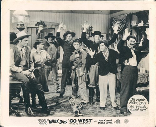 Groucho Marx, John Carroll, Walter Woolf King, Diana Lewis, Chico Marx and Harpo Marx in Go West (1940)