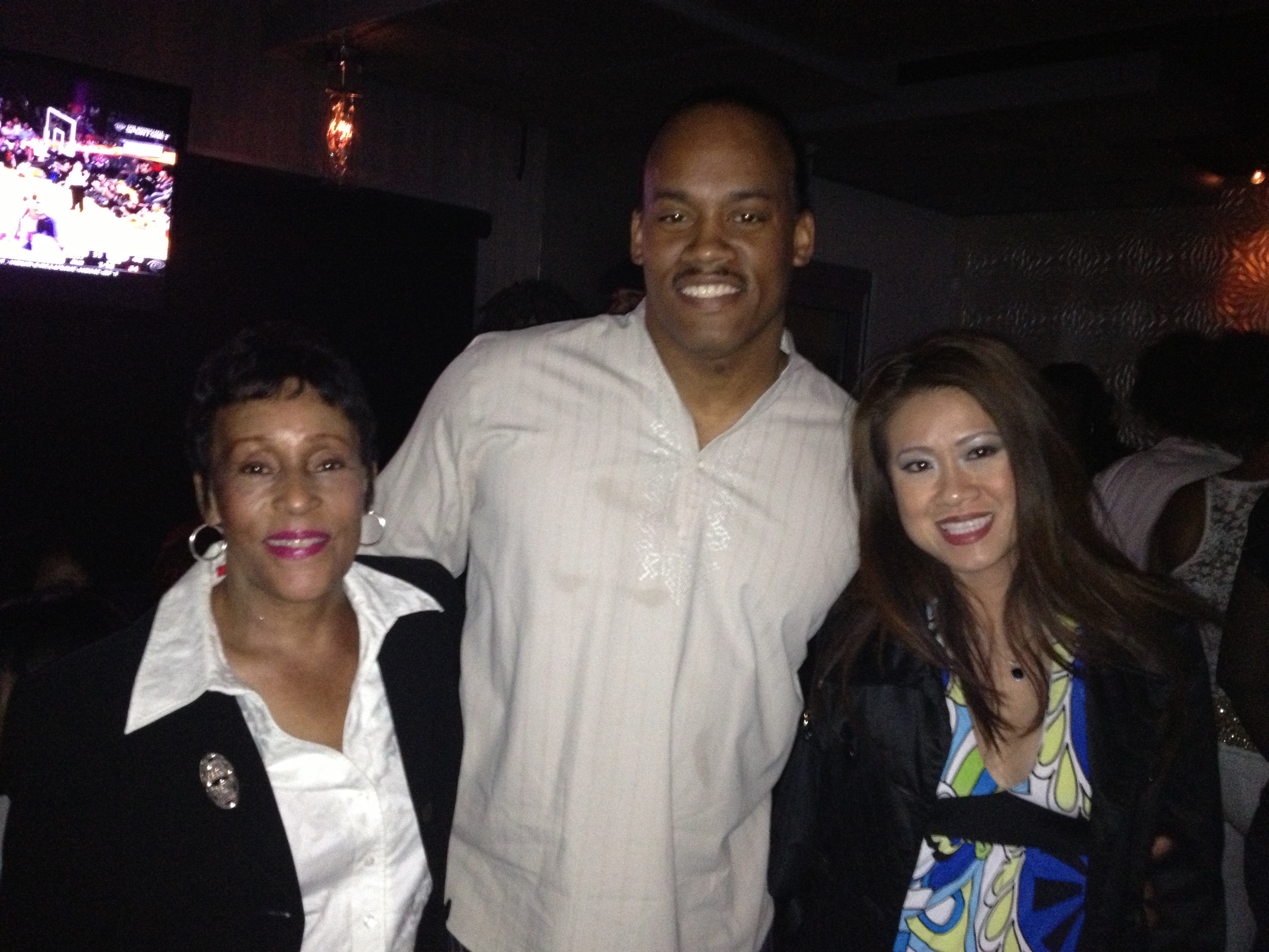 Director/Producer Greg Carter with Actress Junie Hoang and Publicist Lynn Jeter at Cafe Entourage for Lynn's Winter White Birthday Party on 1/25/2013