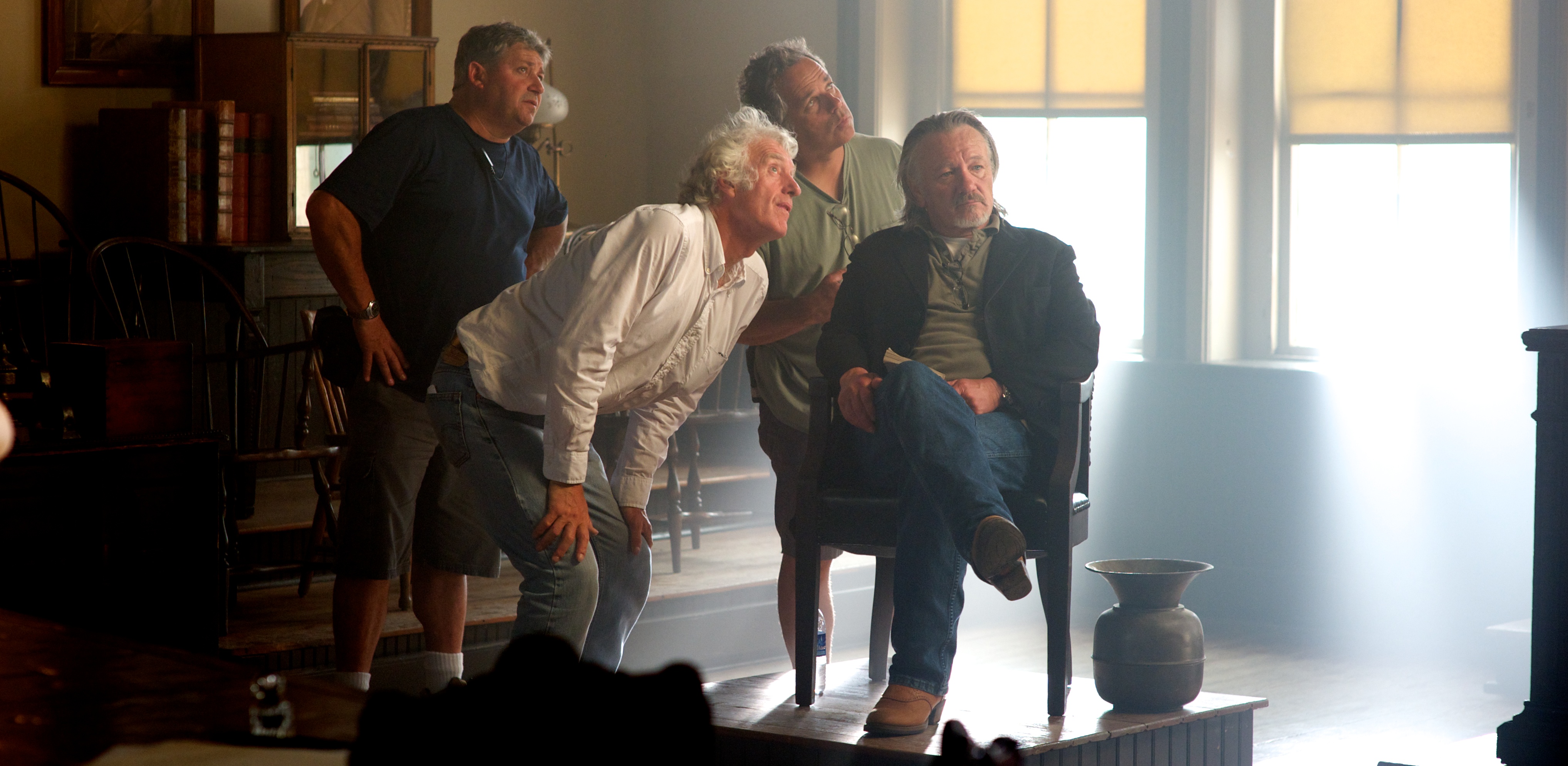 True Grit: Court room scene left to right: Gaffer- Chris Napolitano, DP.- Roger Deakins, Key Grip- Mitchell Lillian and Loyd