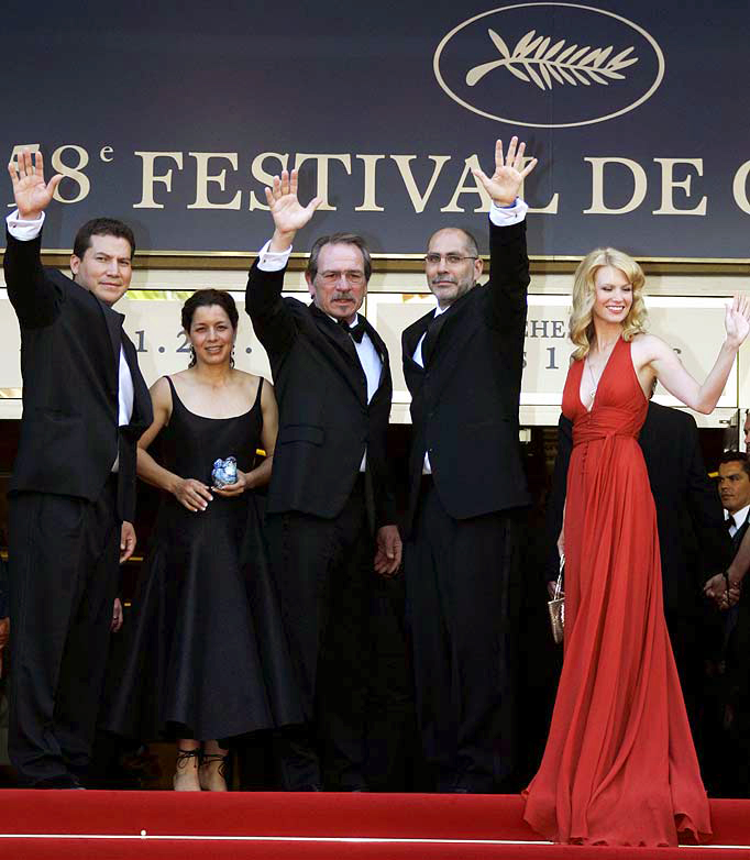 The Three Burials of Melquiades Estrada (2005). The offical red carpet walk entering the Grand Theatre Lumiere to compete for the Palme d'Or. 2005 Cannes Film Festival in France. Julio Cedillo, Dawn Jones, Tommy Lee Jones, Guillermo Arriaga and January Jo