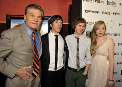 Michael Cera, Portia Doubleday, Justin Long and Fred Willard at event of Youth in Revolt (2009)