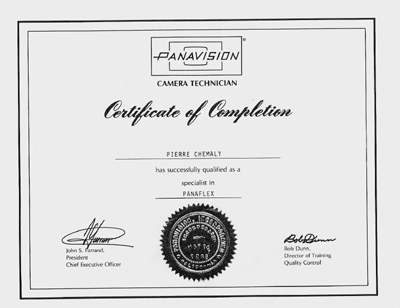 Panavision Camera Technician Certification. Not many of these around.