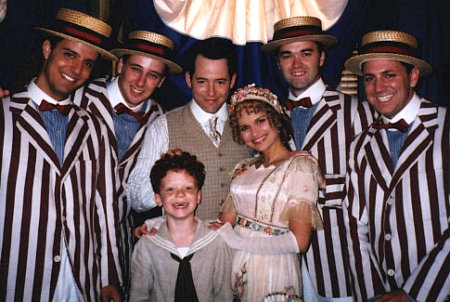 Matthew Broderick (Harold Hill), Kristin Chenoweth (Marion Paroo), Cameron Monaghan (Winthrop Paroo) & The Quartet