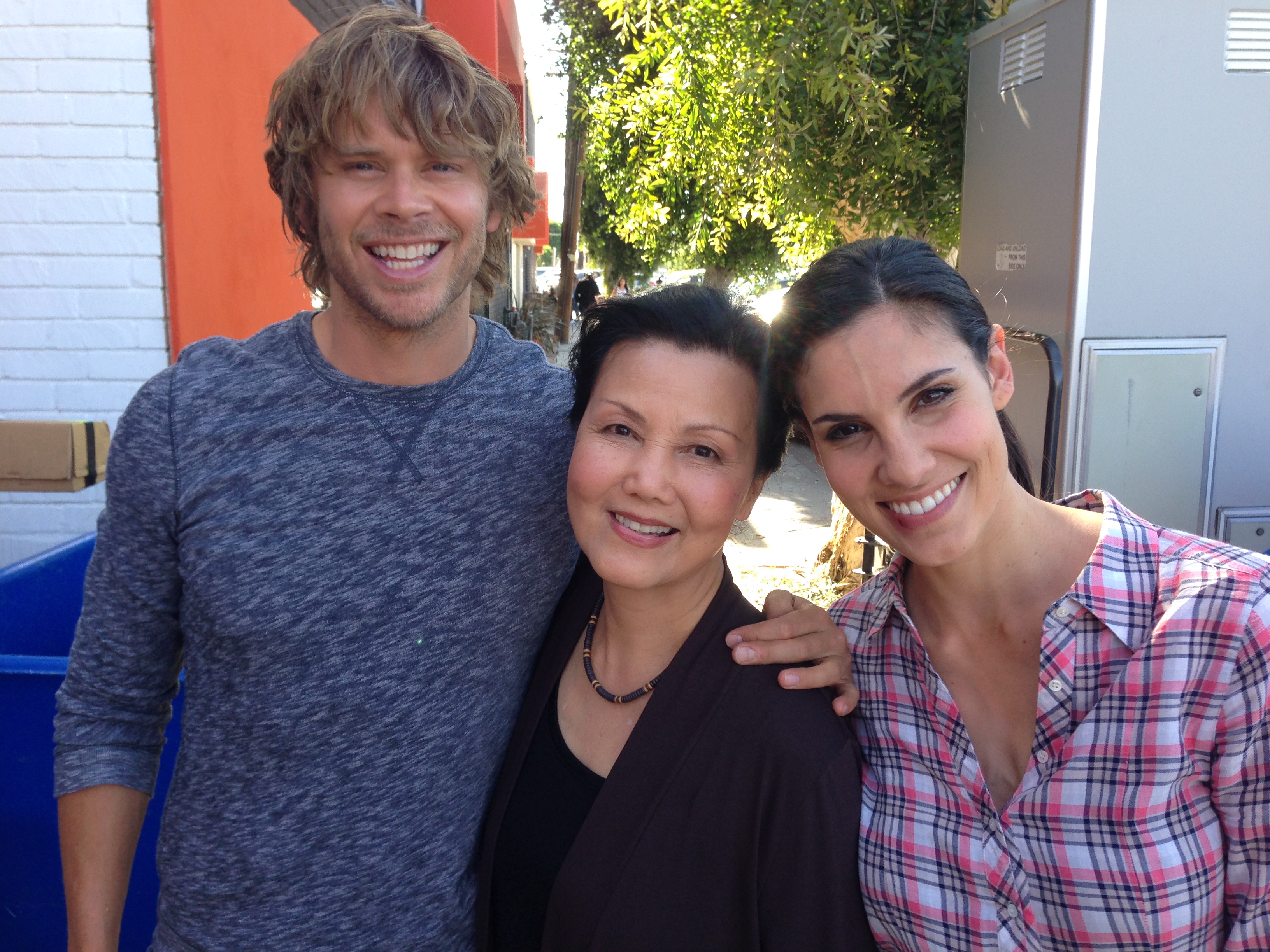 Kieu Chinh with Eric Christian Olsen and Daniela Ruah on set of NCIS: Los Angeles, 2014