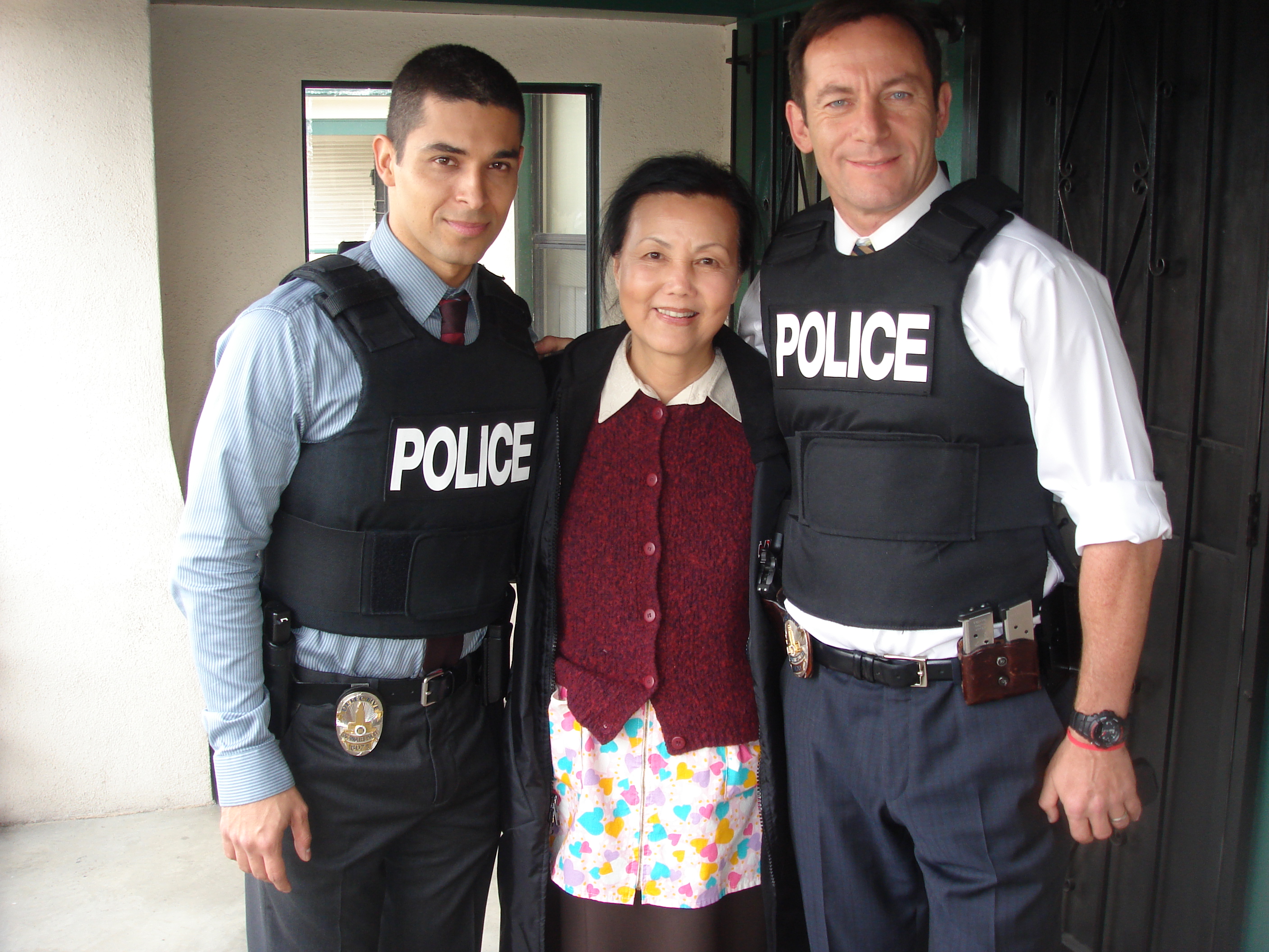 Kieu Chinh with Wilmer Valderrama and Jason Isaacs on the set of Awake, 2009