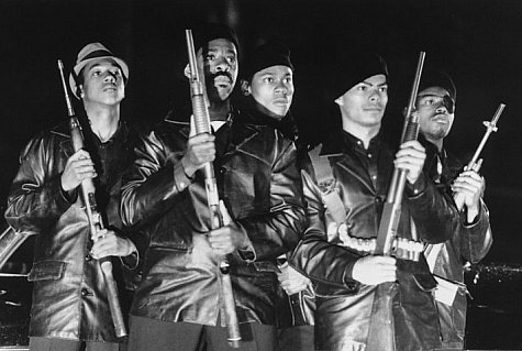 Black Panthers Little Bobby Hutton (Weseley Jonathan), Bobby Seale (Courtney B. Vance), Tyrone (Bokeem Woodbine), Huey Newton (Marcus Chong) and Cy (Tyrin Turner) enforce their constitutional right to bear arms.