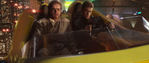 68756R Obi-Wan Kenobi (actor Ewan McGregor) isn't partial to the driving style of his apprentice Anakin Skywalker (actor Hayden Christensen).