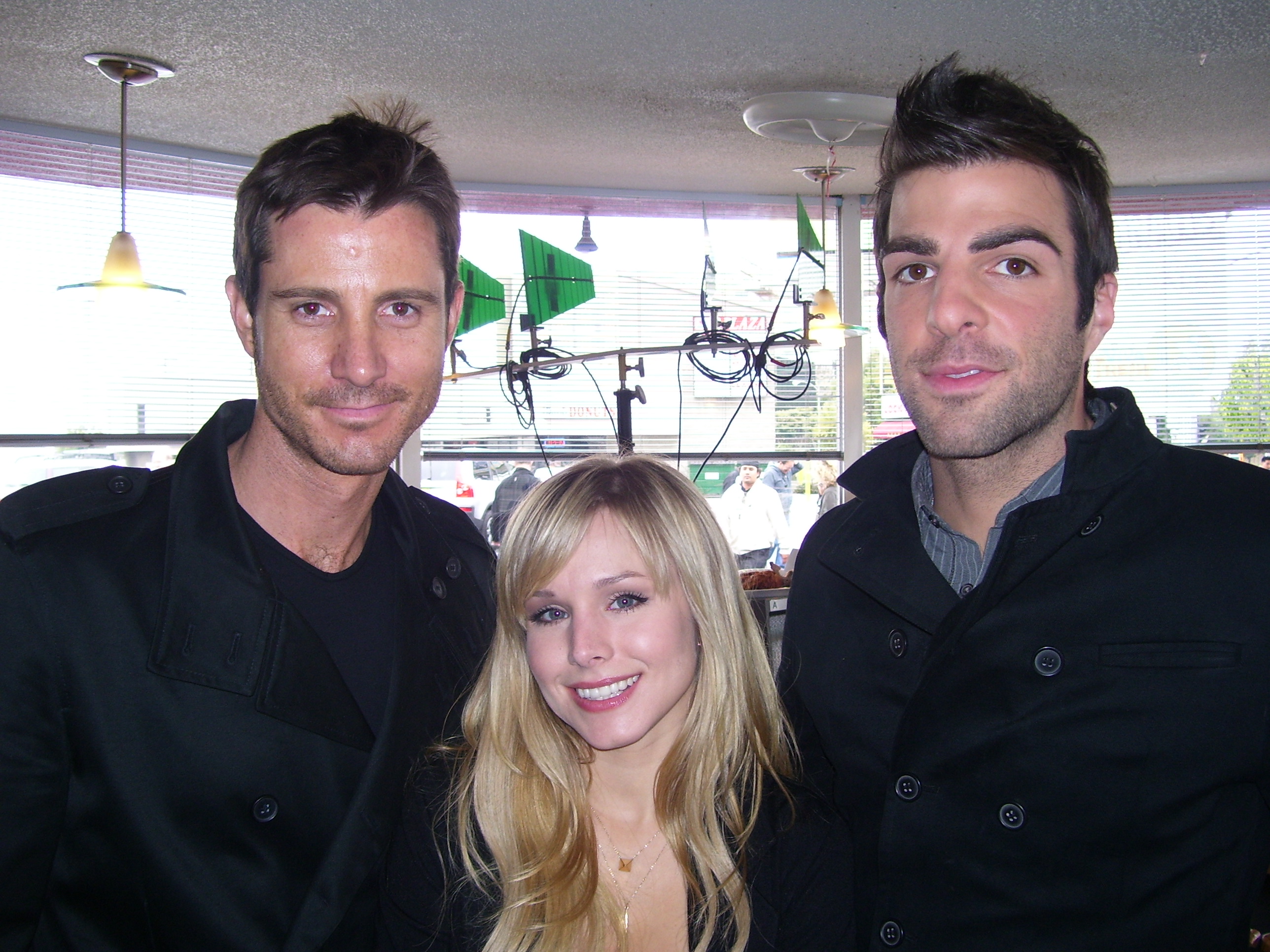 Chris Cleveland, Kristin Bell and Zachary Quinto on the set of 