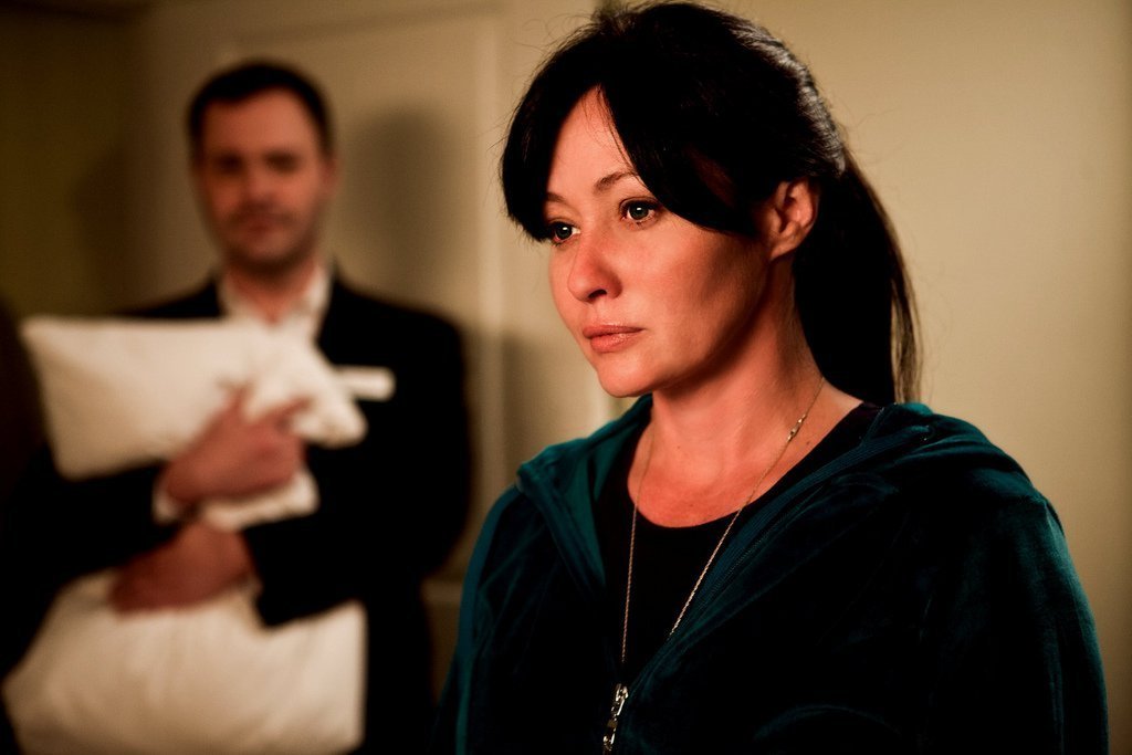 Shannen Doherty (Adrienne) with Wilson Cleveland (Matt) in the Lifetime web series Suite 7.