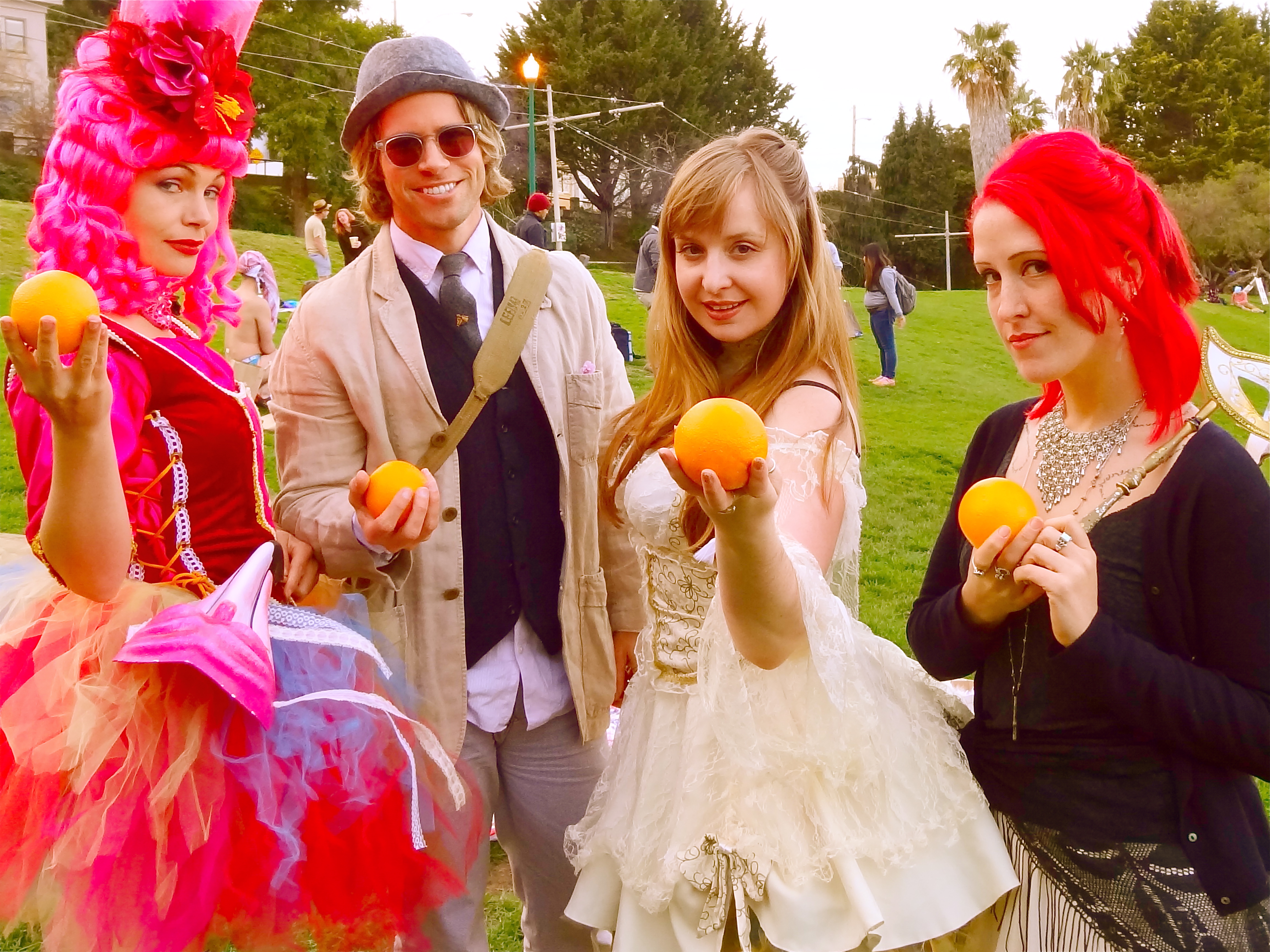 On set : The Monarch of Evening Time , with Summer Shannon Douglass , Tara O' Flaherty , and Domini Dragoon . Delores Park , SF CA