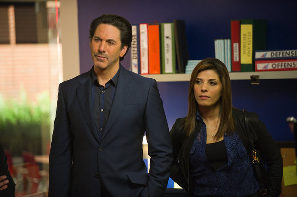 Still of Scott Cohen and Callie Thorne in Necessary Roughness: To Swerve and Protect (2012)