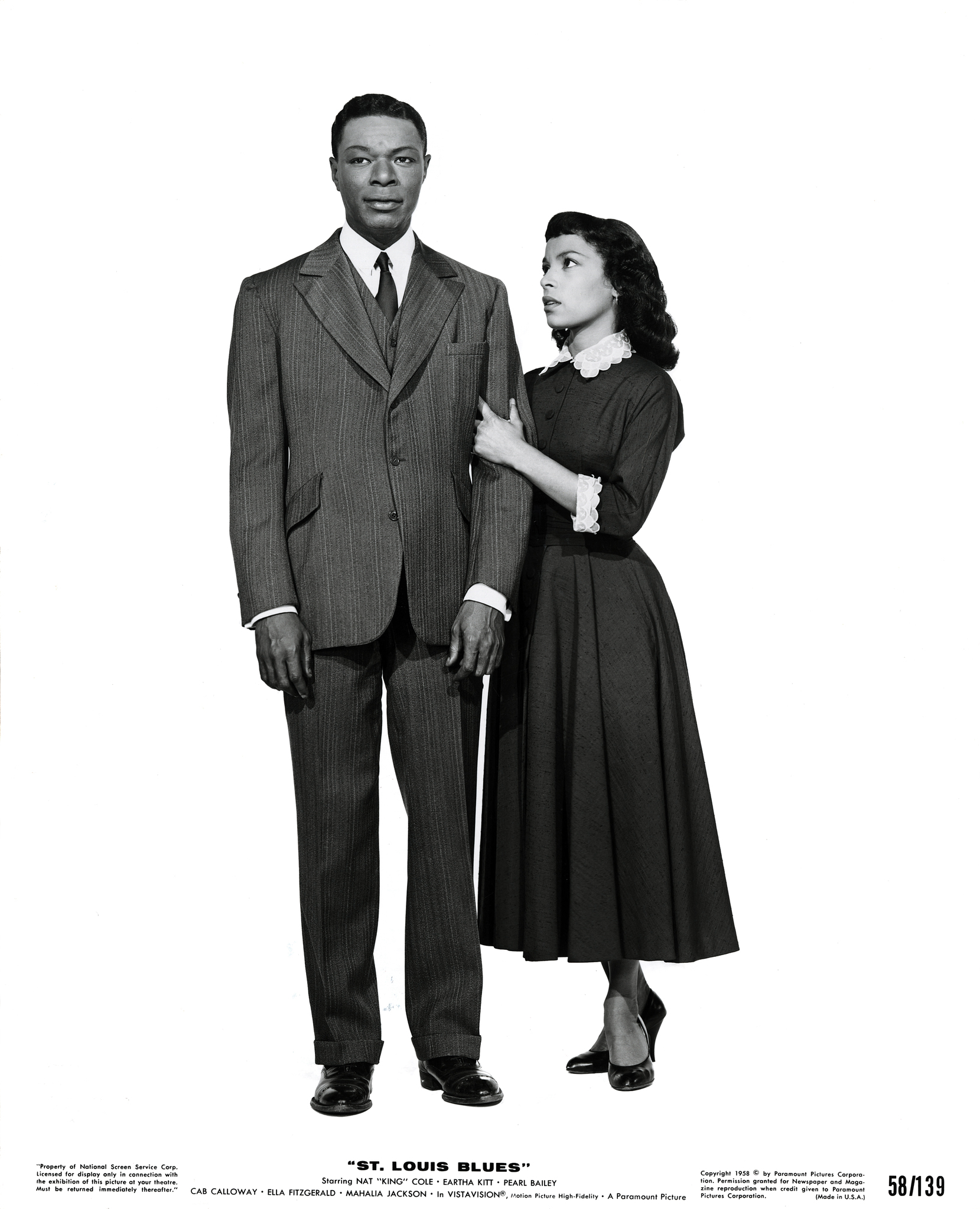 Publicity still portrait of American singer and musician Nat King Cole and actress Ruby Dee in the WC Handy musical biographical film 'St. Louis Blues' (Paramount Pictures), Memphis, Tennessee, 1958.