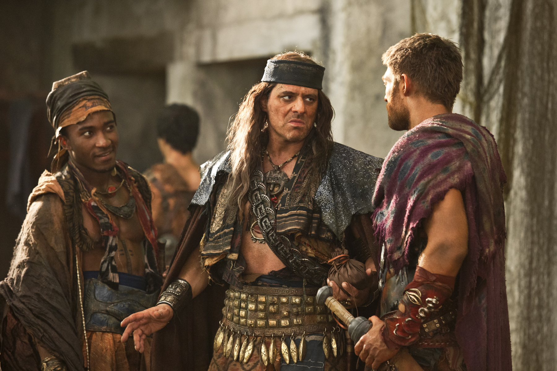 Still of Vince Colosimo, Liam McIntyre and Blessing Mokgohloa in Spartacus: Blood and Sand (2010)