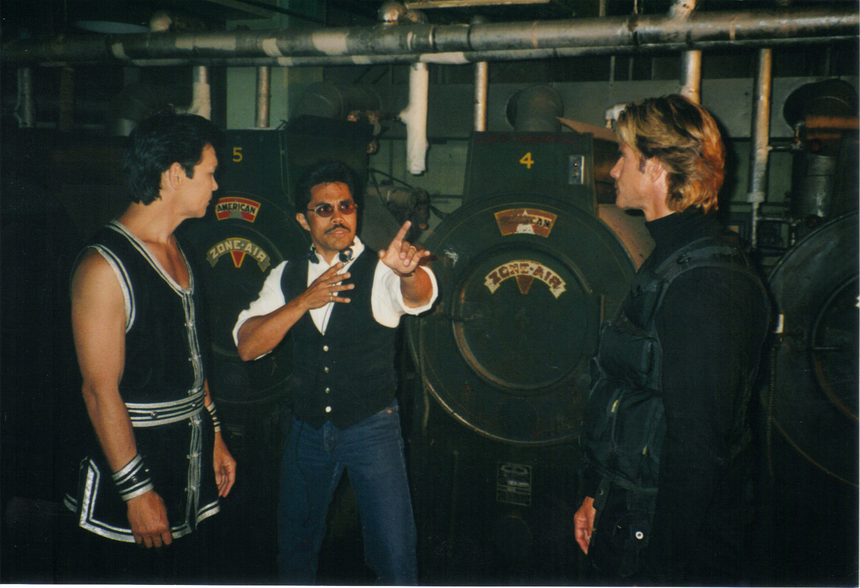 Art Camacho on set of Scifighter with Don Wilson and Lorenzo Lamas