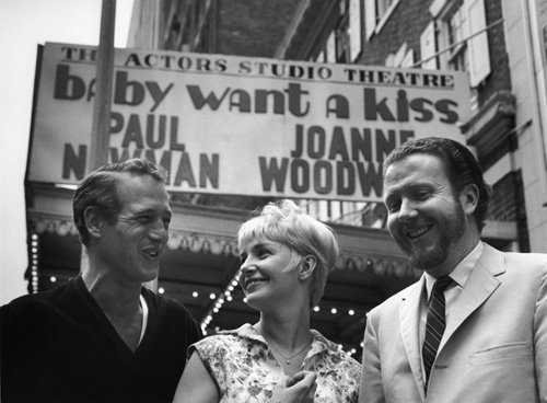 Paul Newman, Joanne Woodward and James Costigan in front of the marquee for 