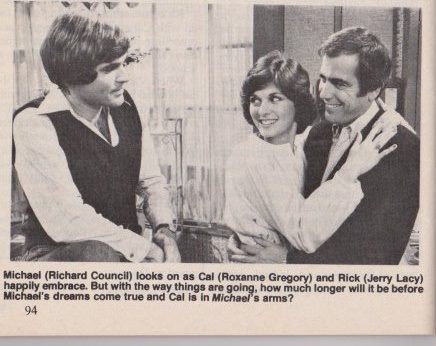 LOVE OF LIFE soap opera publicity shot printed in SOAP OPERA DIGEST March 1978 vol.3 no.4 Richard Council as Michael Blake,Roxanne Gregory as Cal Latimer and Jerry Lacy as Rick Latimer.