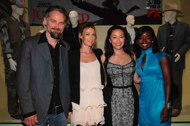 at the art of television costume design exhibit opening with david menuier, natalie zea, and erica tazel