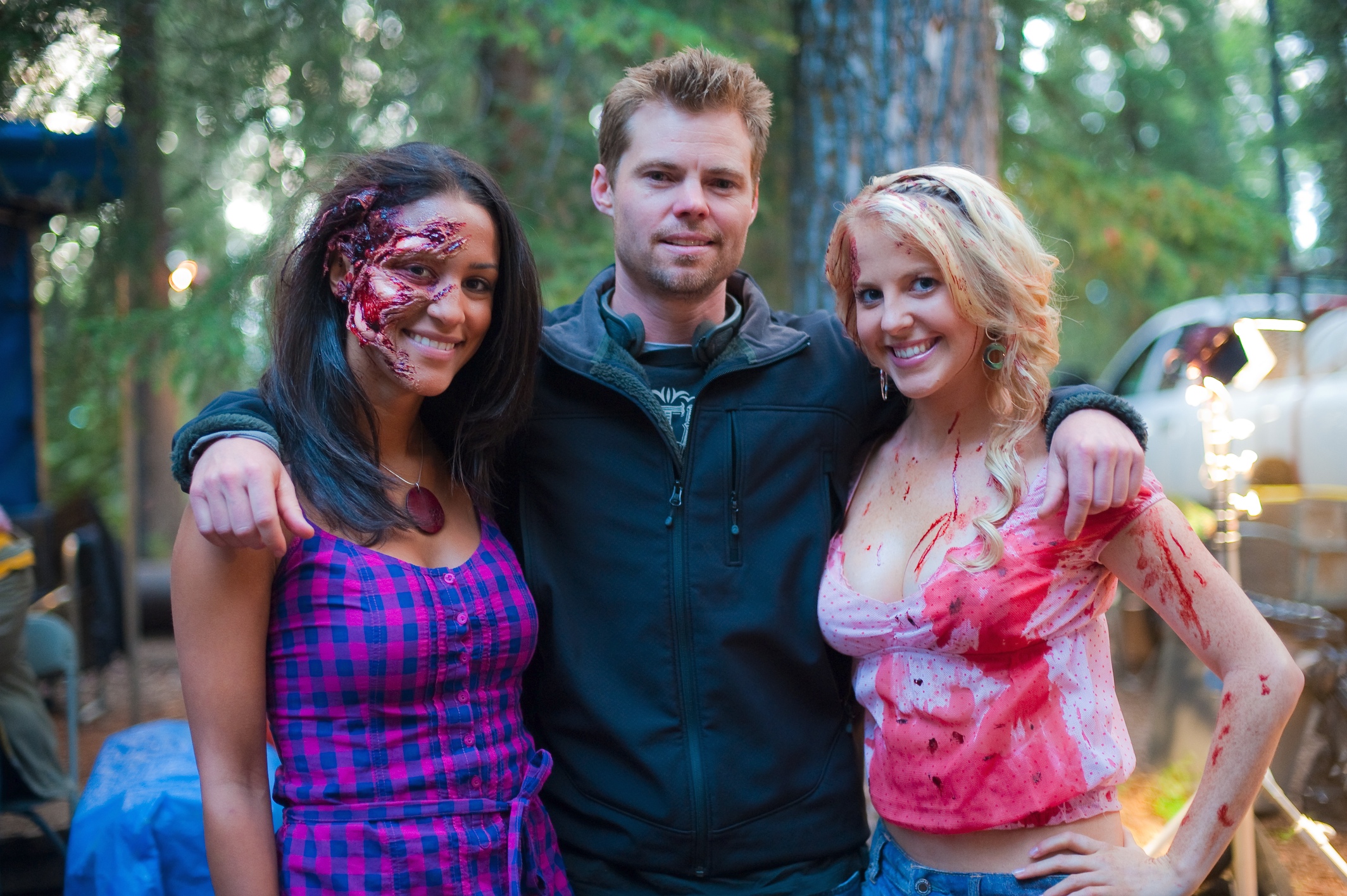 Christie Lang, Eli Craig, Chelan Simmons on set of Tucker & Dale vs. Evil