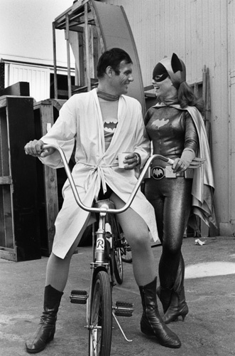 Black and White, Robe, Bicycle, Costume, Batman, Batgirl, Smiling, Full Length, Behind the Scenes, On Set, Television Yvonne_Craig_mptv