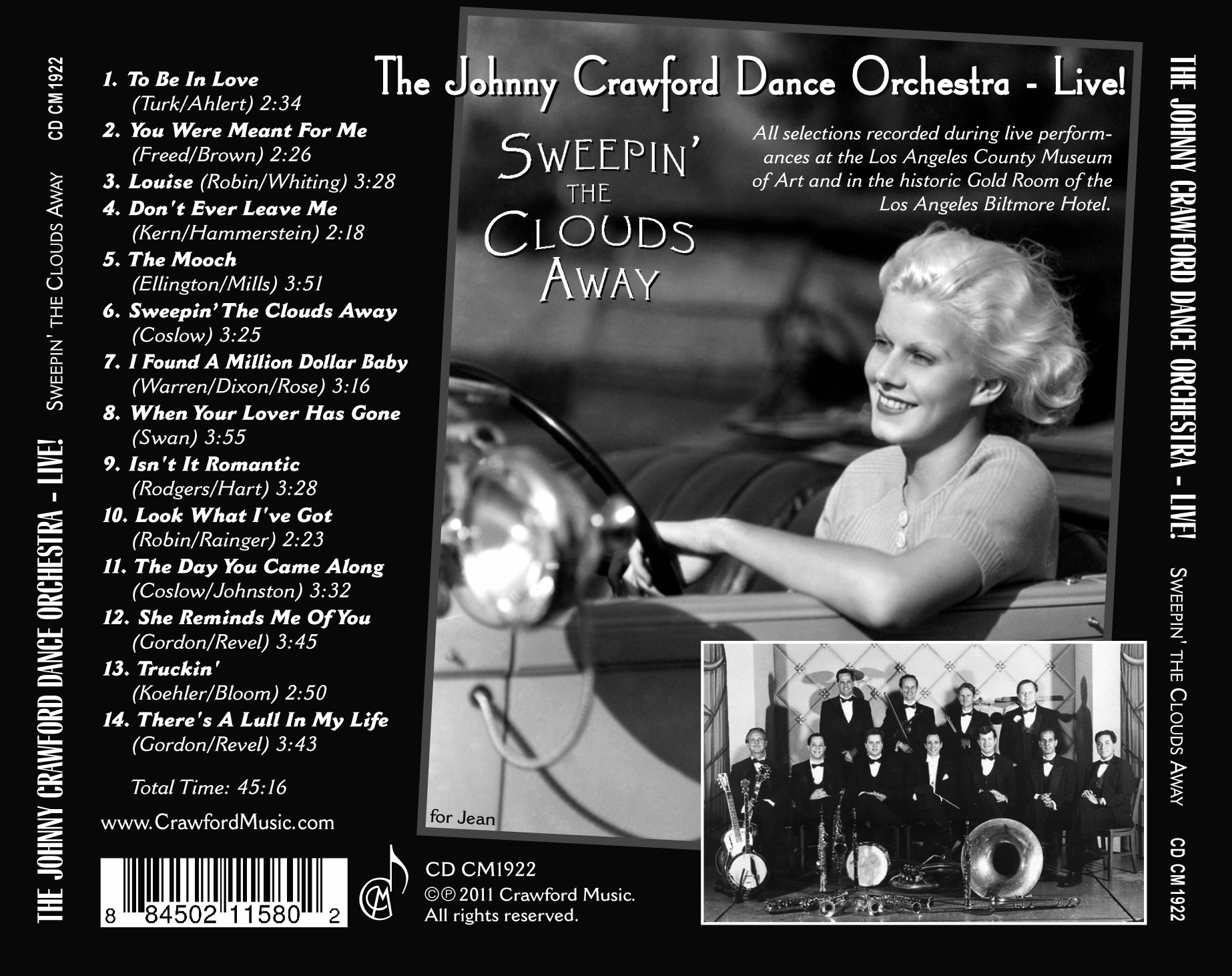 Sweepin' the Clouds Away (remastered) 2011 music CD back cover with images of Jean Harlow and the Johnny Crawford Dance Orchestra