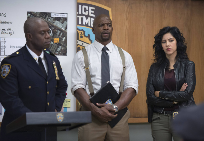 Still of Andre Braugher, Terry Crews and Stephanie Beatriz in Brooklyn Nine-Nine (2013)