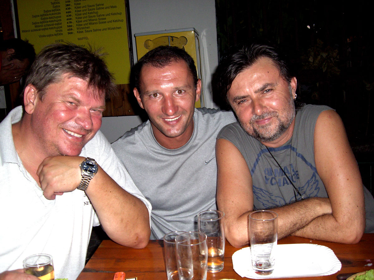 Megafilm president and producer Gabor Kalomista, Hungarian Boxing Extraordiniare Koko with director Gabor Csupo. (Lake Balaton, Hungary, Summer 2007.)