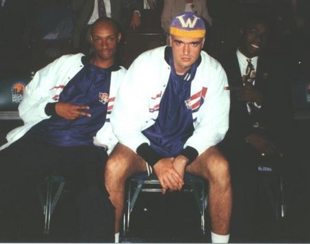 Vladimir Cuk with distinctive trademark - purple hair - with other cast members on the set of The Sixth Man