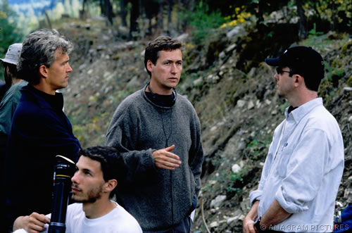 Director Andrew Currie (centre), and Producers Trent Carlson (left) and Blake Corbet (right) on set of the Anagram Pictures feature, Mile Zero.