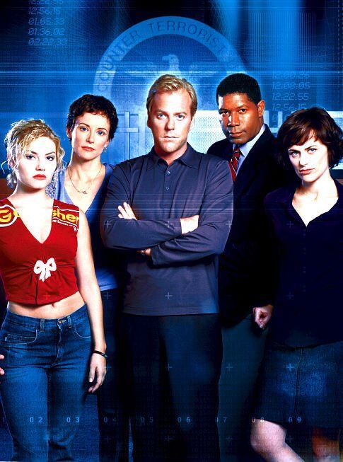 Kiefer Sutherland, Elisha Cuthbert, Dennis Haysbert, Leslie Hope and Sarah Clarke in 24 (2001)