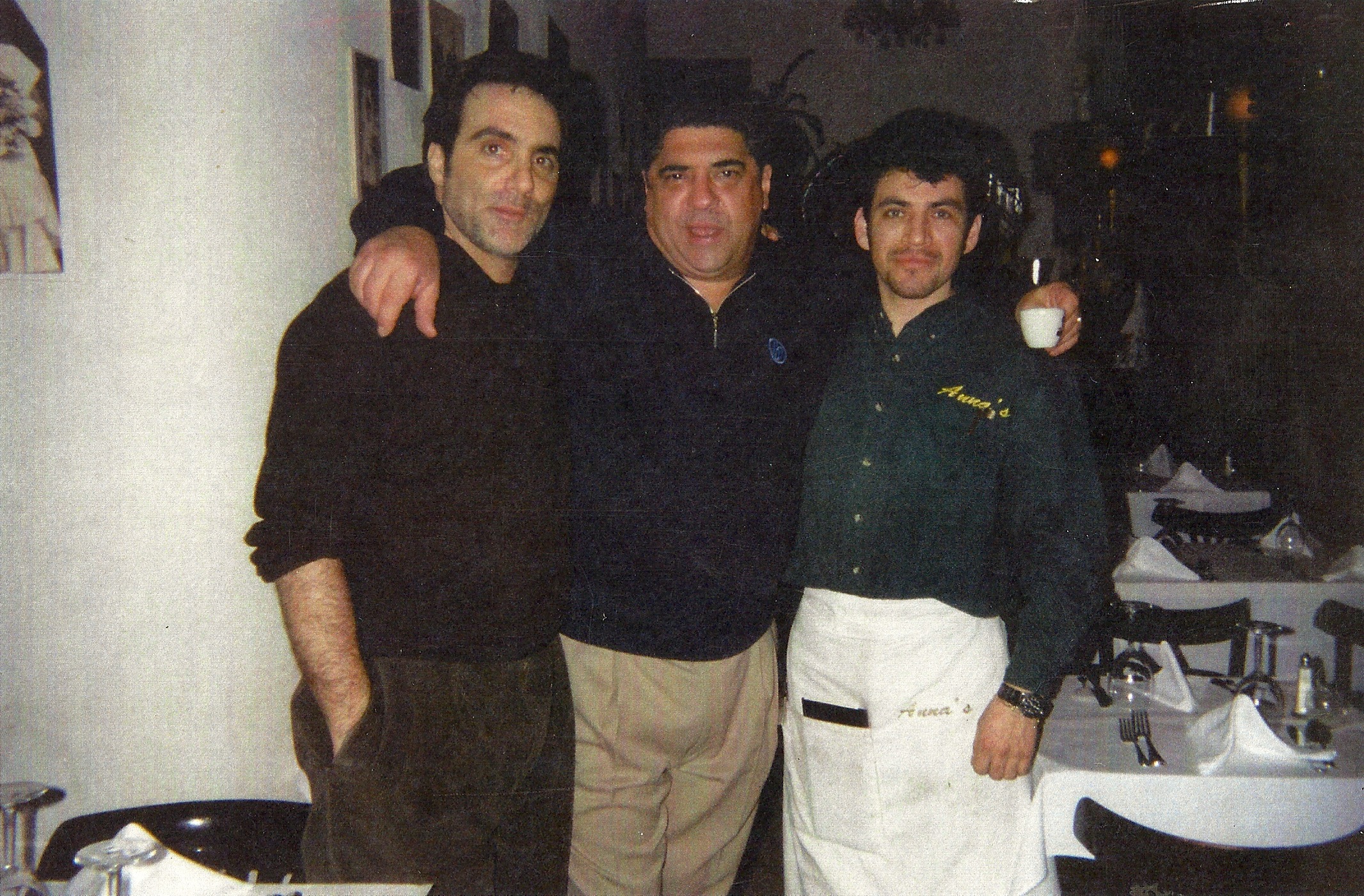 From left to right actors Richard D'Alessandro , Vinnie Pastore (Big Pussy) and friend John Alverez at Richard's Italian restaurant Anna's in NYCs, Hells Kitchen.