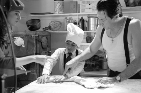 Writer/Director Tamela D'Amico with Hristo Ivanov and Federico Castelluccio in a baking scene from Volare.